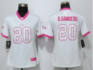 Women Detroit Lions 20 Barry Sanders Stitched Elite Rush Fashion Jersey White Pink