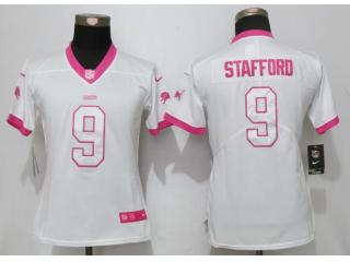 Women Detroit Lions 9 Matthew Stafford Stitched Elite Rush Fashion Jersey White Pink