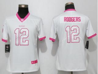 Women Green Bay Packers 12 Aaron Rodgers Stitched Elite Rush Fashion Jersey White Pink