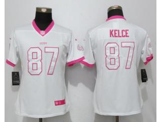 Women Kansas City Chiefs 87 Travis Kelce Stitched Elite Rush Fashion Jersey White Pink