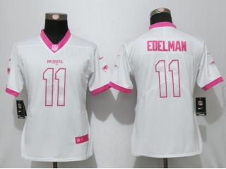 Women New England Patriots 11 Julian Edelman Stitched Elite Rush Fashion Jersey White Pink