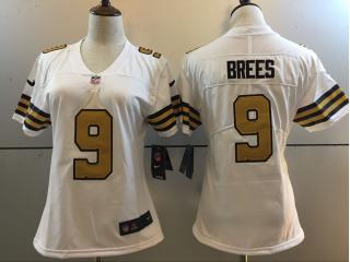 Women New Orleans Saints 9 Drew Brees Football Jersey White Yellow Word