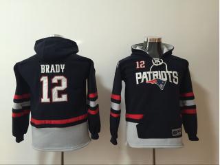 Youth New England Patriots 12 Tom Brady Hoodies Football Jersey Black