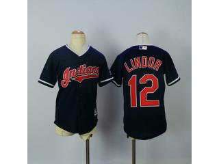 Youth Cleveland indians 12 Francisco Lindor Baseball Jersey Navy Blue