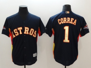 Houston Astros 1 Carlos Correa Cool Base Jerseys Navy Blue With Gold Number
