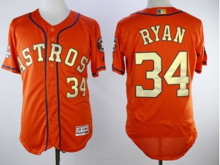 Houston Astros #34 Nolan Ryan With Gold Number Flexbase Jerseys Orange