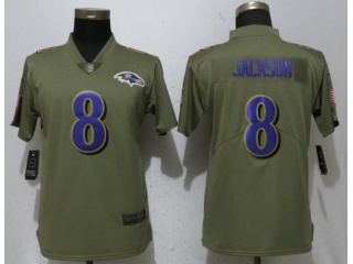 Womens Baltimore Ravens 8 Lamar Jackson Jersey Olive Salute to Service