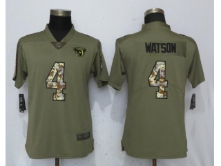 Woman Houston Texans #4 Deshaun Waston V Jersey Olive Camo Salute to Service