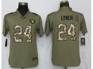 Woman Oakland Raiders 24 Marshawn Lynch Jersey Olive Camo Salute to Service