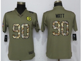 Woman Pittsburgh Steelers 90 T.J. Watt Jersey Olive Camo Salute to Service