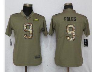 Woman Philadelphia Eagles 9 Nick Foles Jersey Olive Camo Salute to Service