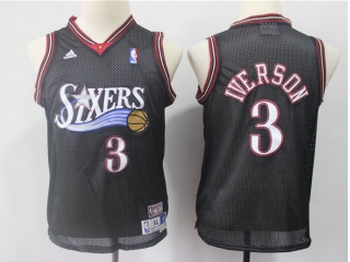 Youth Philadelphia 76ers #3 Allen Iverson Throwback Basketball Jerseys Black