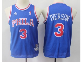 Youth Philadelphia 76ers #3 Allen Iverson Throwback Basketball Jerseys Blue