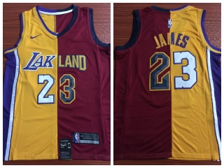 Nike Los Angeles Lakers #23 LeBron James Half Laker Cavs Jersey Yellow/Red
