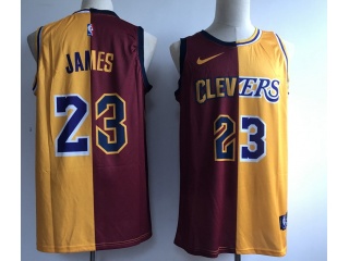 Nike Los Angeles Lakers #23 LeBron James Half Laker Cavs Jersey Red/Yellow