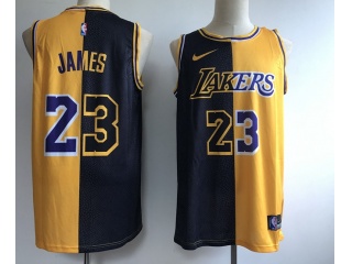 Nike Los Angeles Lakers #23 LeBron James Half Laker Cavs Jersey Black/Yellow