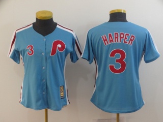 Womens Philadelphia Phillies 3 Bryce Harper Jersey Light Blue Throwback