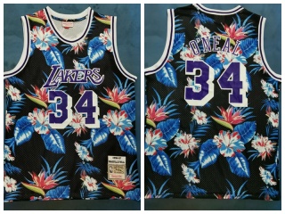 Los Angeles Lakers 34 Shaquille O'Neal Ness Floral Fashion 1996-97 Hardwood Classic Jersey