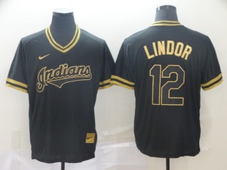 Cleveland Indians #12 Francisco Lindor Nike Fashion Jersey Black Gold
