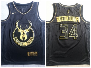Nike Milwaukee Bucks 34 Giannis Antetokounmpo Swingman Basketball Jersey Black Golden