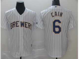 Milwaukee Brewers #6 Lorenzo Cain Pinstrip Cool Base Jersey White