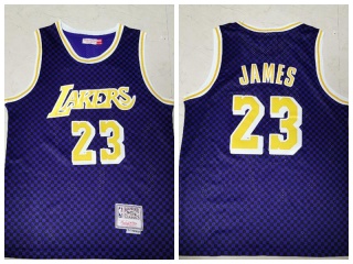 Los Angeles Lakers 23 LeBron James Throwback Jersey Checkerboard Purple