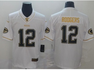 Green Bay Packers #12 Aaron Rodgers Golden Edition 100th Season Jersey White