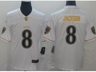 Baltimore Ravens #8 Lamar Jackson Edition 100th Season Jersey White Golden