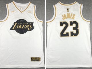 Nike Los Angeles Lakers #23 LeBron James White Golden Jersey White Golden