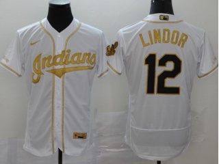 Nike Cleveland Indians #12 Francisco Lindor Flexbase Jersey White With Gold Name