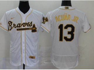 Nike Atlanta Braves #13 Ronald Acuna Jr. Flexbase Jersey White With Gold Name 