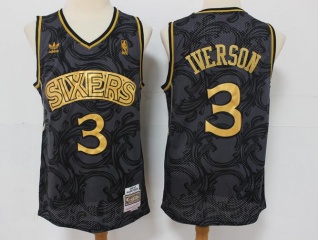 Philadelphia 76ers #3 Allen Iverson Throwback Jersey Black Gold