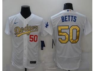 Nike Los Angeles Dodgers #50 Mookie Betts With Golden Number Flexbase Jersey White