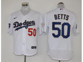 Nike Los Angeles Dodgers #50 Mookie Betts 2021 Gold Program Flexbase Jersey White/Gold
