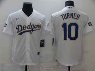 Nike Los Angeles Dodgers #10 Justin Turner 2021 Gold Program Cool Base Jersey White/Gold