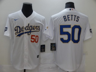 Nike Los Angeles Dodgers #50 Mookie Betts 2021 Gold Program Cool Base Number On Chest Jersey White