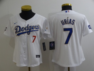 Woman Nike Los Angeles Dodgers #7 Julio Urias 2021 Gold Program Jersey White/Gold with Red Number
