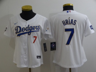 Woman Nike Los Angeles Dodgers #7 Julio Urias 2021 Gold Program Jersey White/Gold with Red Number