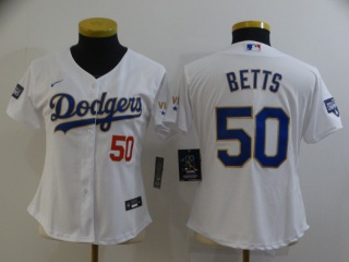 Woman Nike Los Angeles Dodgers #50 Mookie Betts 2021 Gold Program Jersey White/Gold with Red Number