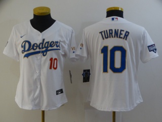 Woman Los Angeles Dodgers #10 Justin Turner 2021 Gold Program Jersey White/Gold with Red Number