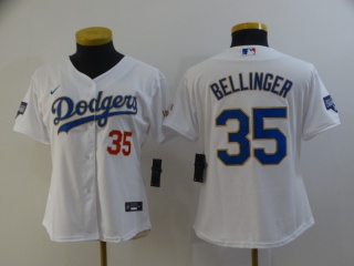 Woman Los Angeles Dodgers #35 Cody Bellinger 2021 Gold Program Jersey White/Gold with Red Number