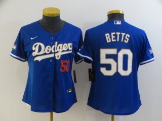 Woman Nike Los Angeles Dodgers #50 Mookie Betts 2021 Gold Program Jersey Blue/Gold with Red Number