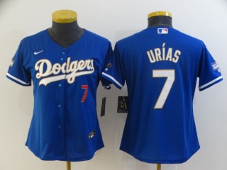 Woman Nike Los Angeles Dodgers #7 Julio Urias 2021 Gold Program Jersey Blue/Gold with Red Number