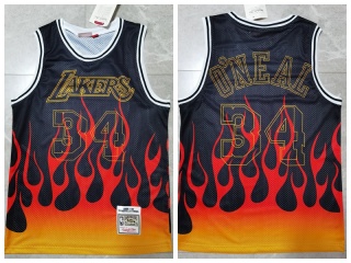 Los Angeles Lakers #32 Shaquille O'Neal Flames Heat-sealed Jersey Black