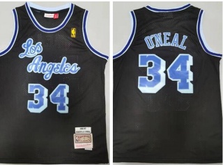 Los Angeles Lakers #34 Shaquille O'Neal With Blue Letters Throwabck Jersey Black