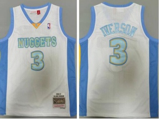 Denver Nuggets #3 Allen Iverson Throwback Jersey White With Blue Number