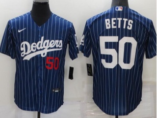 Nike Los Angeles Dodgers #50 Mookie Betts Pinstrip Cool Base Jersey Blue