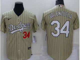 Nike Los Angeles Dodgers #34 Fernando Valenzuela Pinstrip Cool Base Jersey Tan