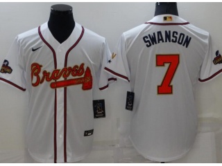 Nike Atlanta Braves #7 Dansby Swanson Gold Program Champion Cool Base Jersey White