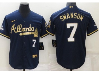 Nike Atlanta Braves #7 Dansby Swanson With Golden Number Cool Base Jersey Blue